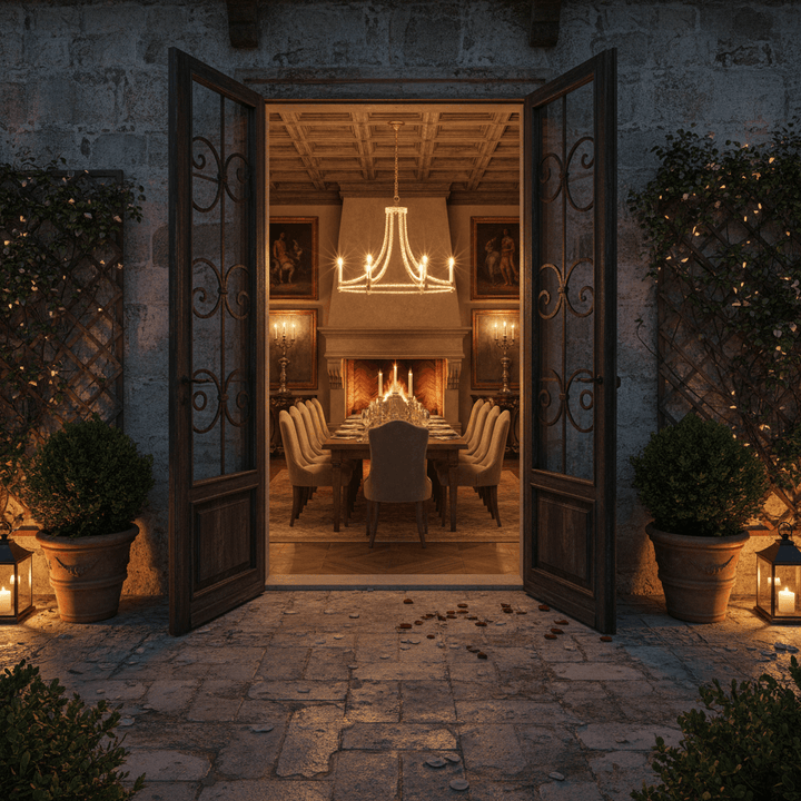 Elegantly lit interior with Antique Silver Leaf Italian Chandelier with Glass Beads seen through open doors.