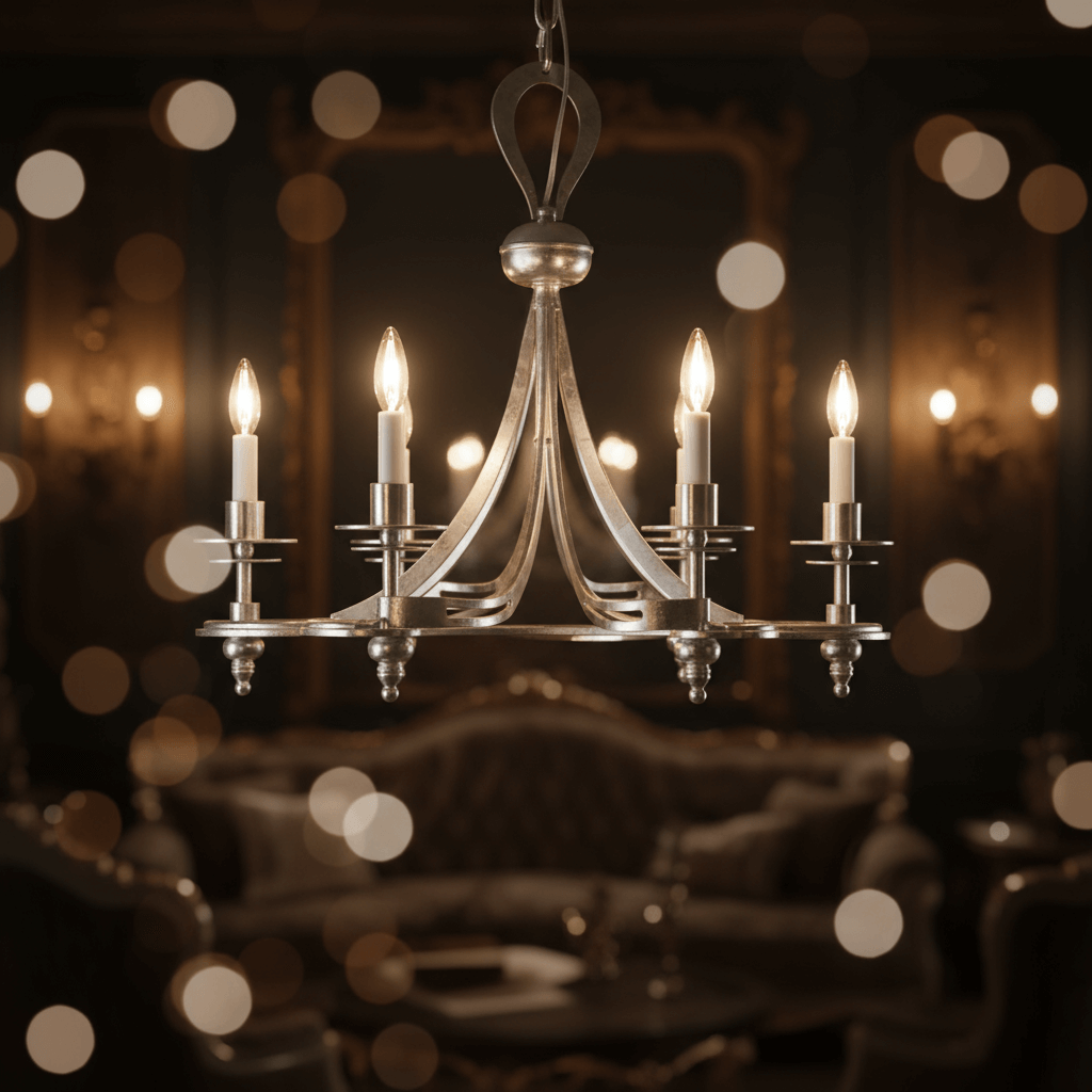 Antique Silver Leaf Italian Chandelier showcasing handcrafted vintage glamour in an elegant living room setting.