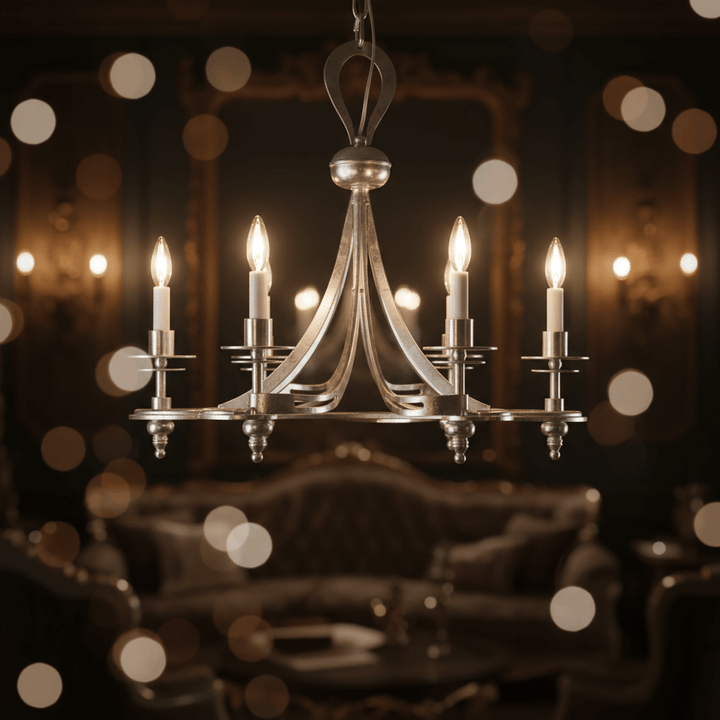 Antique Silver Leaf Italian Chandelier showcasing handcrafted vintage glamour in an elegant living room setting.