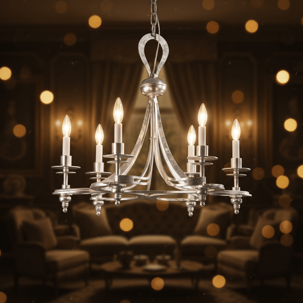 Antique Silver Leaf Italian Chandelier elegantly brightens vintage interior with handcrafted curves and romantic old-world artistry.