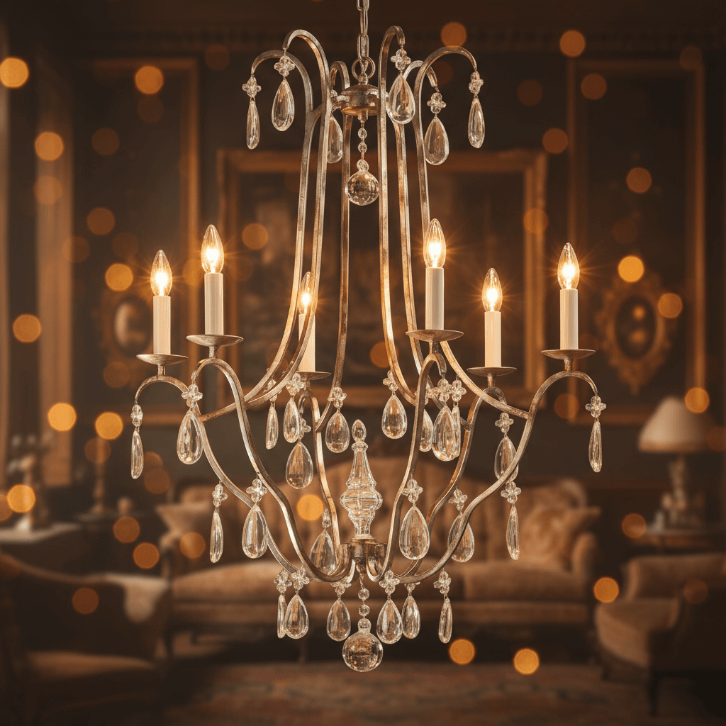 Antique Silver Leaf Italian Chandelier with Crystal Drops in vintage glam setting