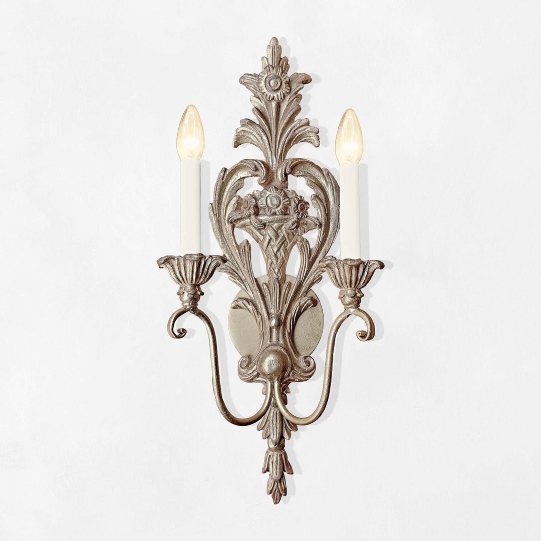 Antique Silver Leaf Italian Wall Sconce with hand-carved floral design and silver leaf finish, elegant lighting decor for classic interiors.