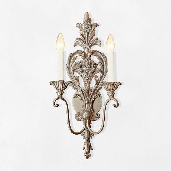 Antique Silver Leaf Italian Wall Sconce with hand-carved floral design and silver leaf finish, elegant lighting decor for classic interiors.