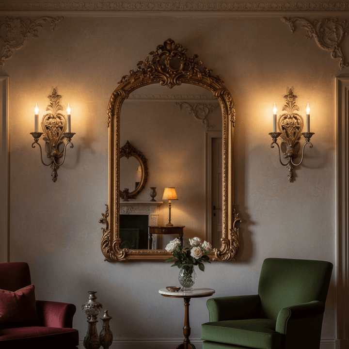 Antique Silver Leaf Italian Wall Sconce in elegant 18th-century style, illuminating a classic interior with floral and scroll details.