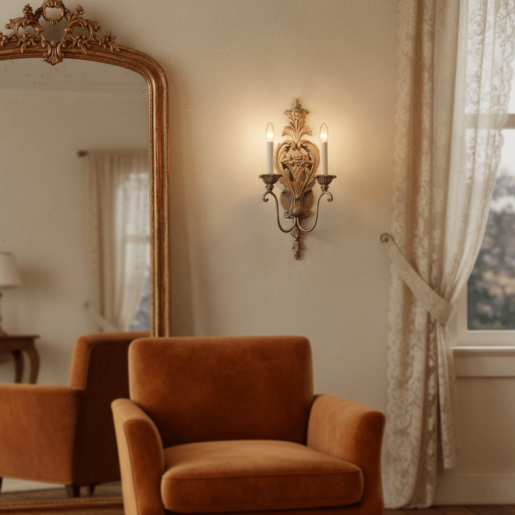 Antique Silver Leaf Italian Wall Sconce illuminating a cozy living room with vintage decor.