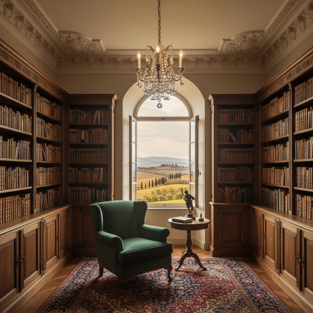 Antique Silver Leaf Mini Crystal Chandelier in a classic study with bookshelves and a green armchair, overlooking a scenic landscape.