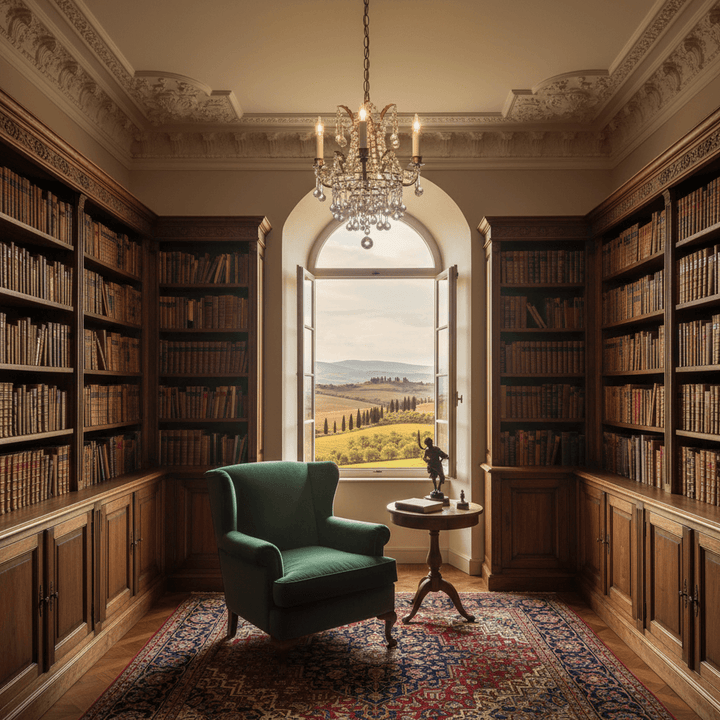 Antique Silver Leaf Mini Crystal Chandelier in a classic study with bookshelves and a green armchair, overlooking a scenic landscape.