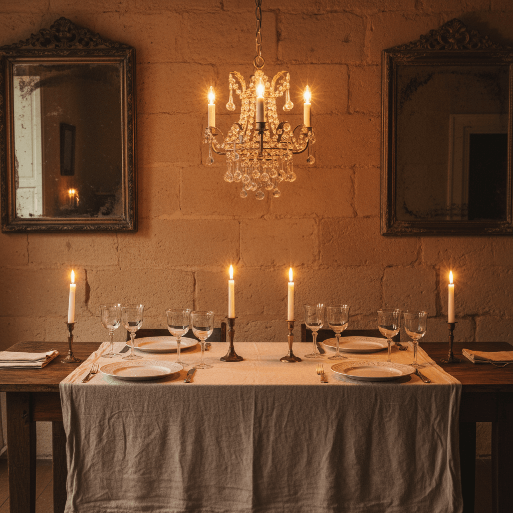 Antique Silver Leaf Mini Crystal Chandelier hanging above an elegant dining table set with candles and fine glassware.