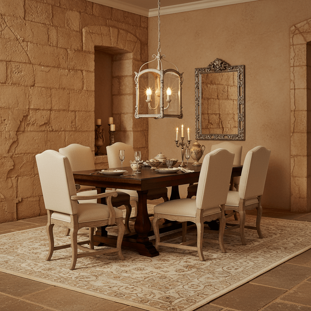 Dining room with wooden table and chairs, stone wall, and decorative mirrors. A chandelier hangs over the dining table.