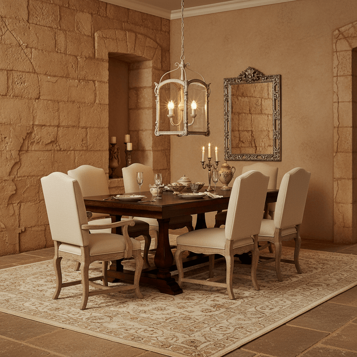 Dining room with wooden table and chairs, stone wall, and decorative mirrors. A chandelier hangs over the dining table.