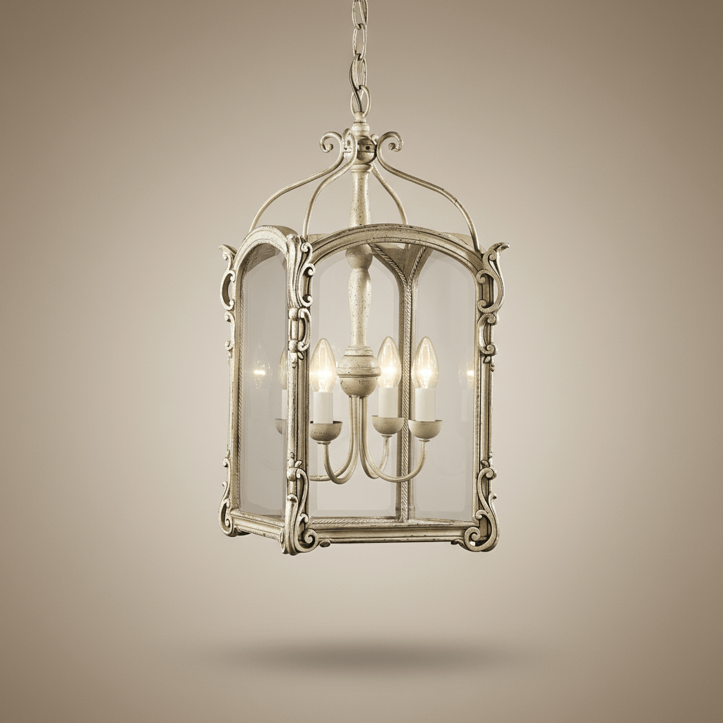 Decorative pendant light with glass panels on a beige background