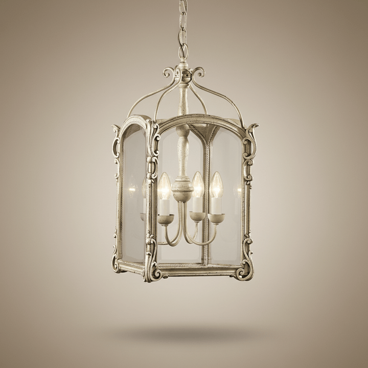 Decorative pendant light with glass panels on a beige background