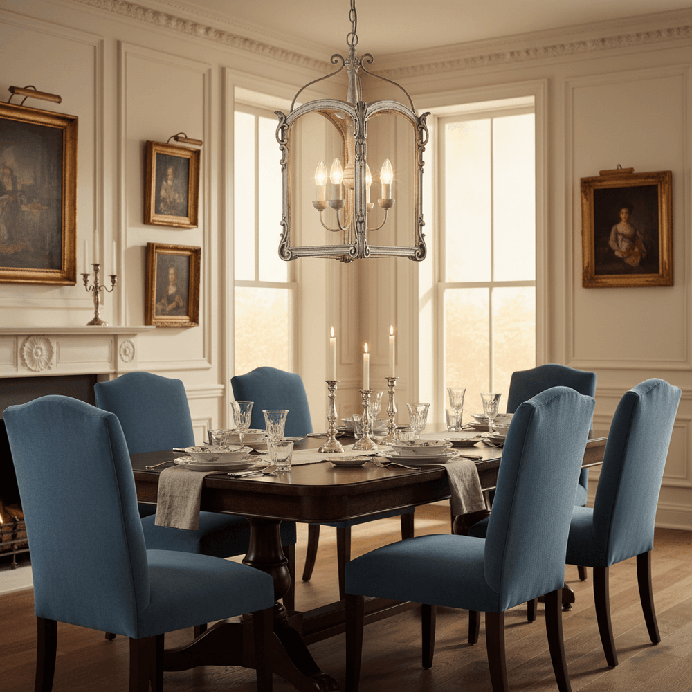 Dining room with wooden table and blue chairs, large window, and decorative chandelier.