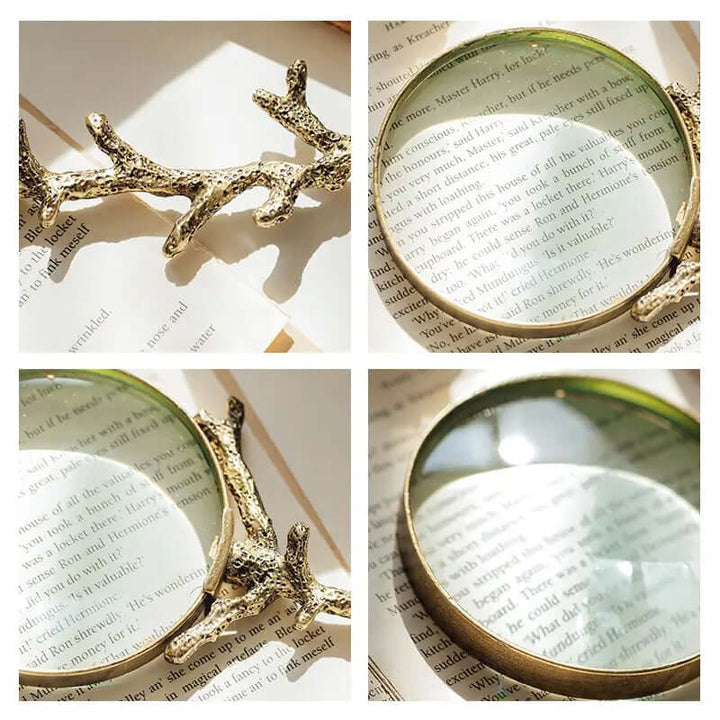 Antique-style gold branch magnifying glass with nature-inspired handle on book background, evoking a vintage and elegant aesthetic.