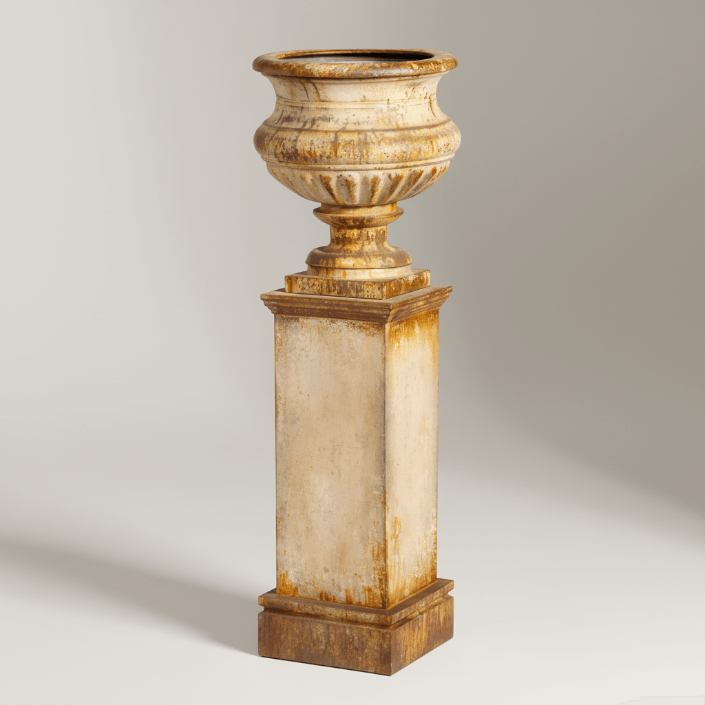 Decorative pedestal with urn on a plain background