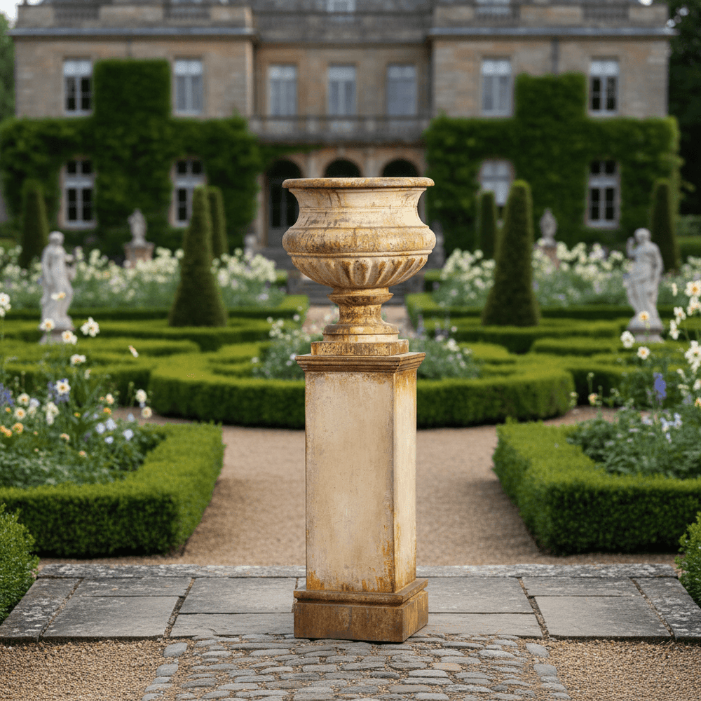Decorative urn on a pedestal in a formal garden with manicured hedges and a classical building in the background.