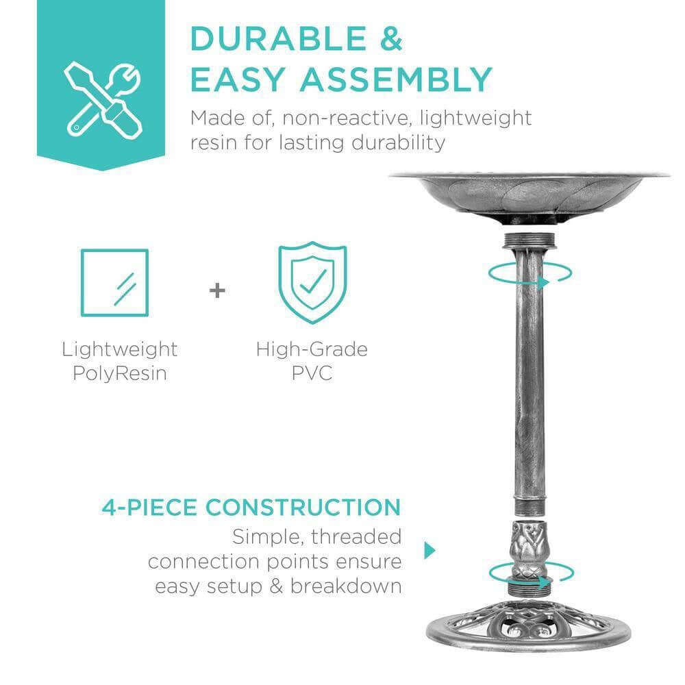 Antique Style Silver Bird Bath with durable, lightweight resin and high-grade PVC construction.