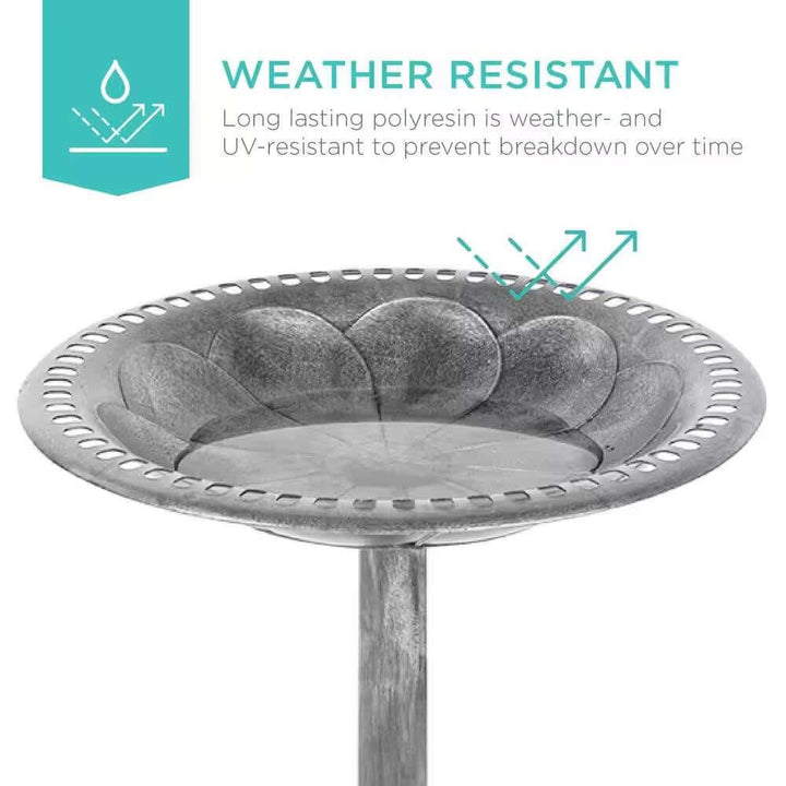 Antique Style Silver Bird Bath with weather-resistant polyresin finish ideal for gardens.