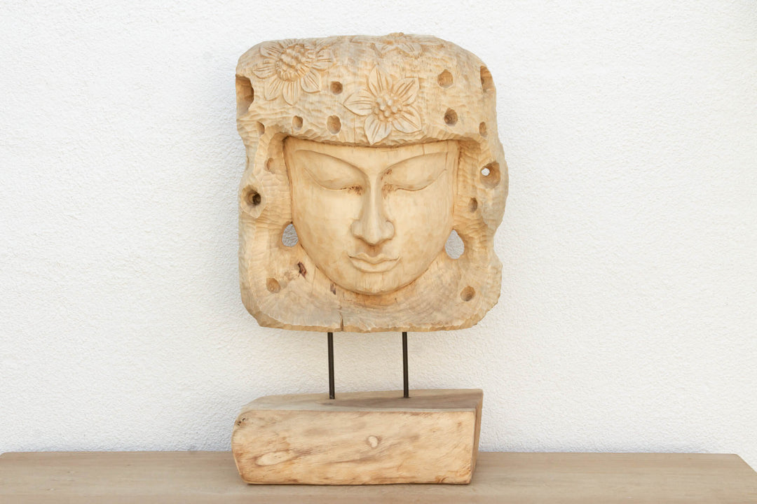 Antique Teak Buddha Sculpture from Madura, hand-carved depiction of serenity and Asian craftsmanship on display.