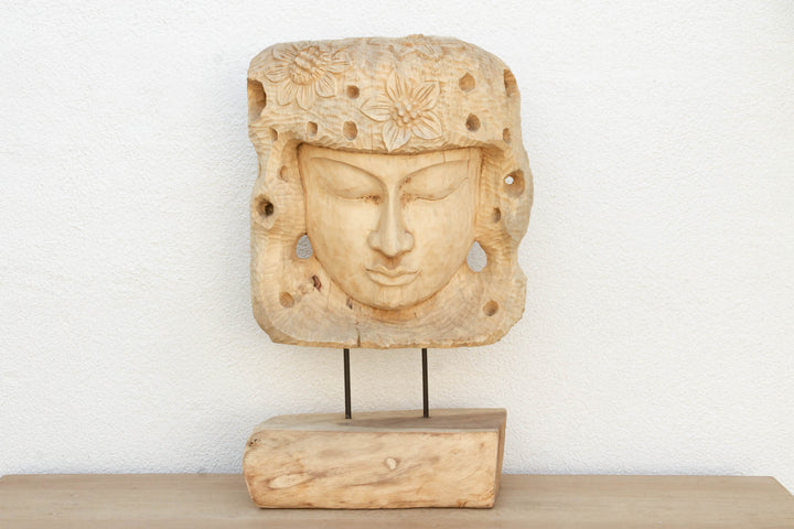 Antique Teak Buddha Sculpture from Madura, hand-carved depiction of serenity and Asian craftsmanship on display.