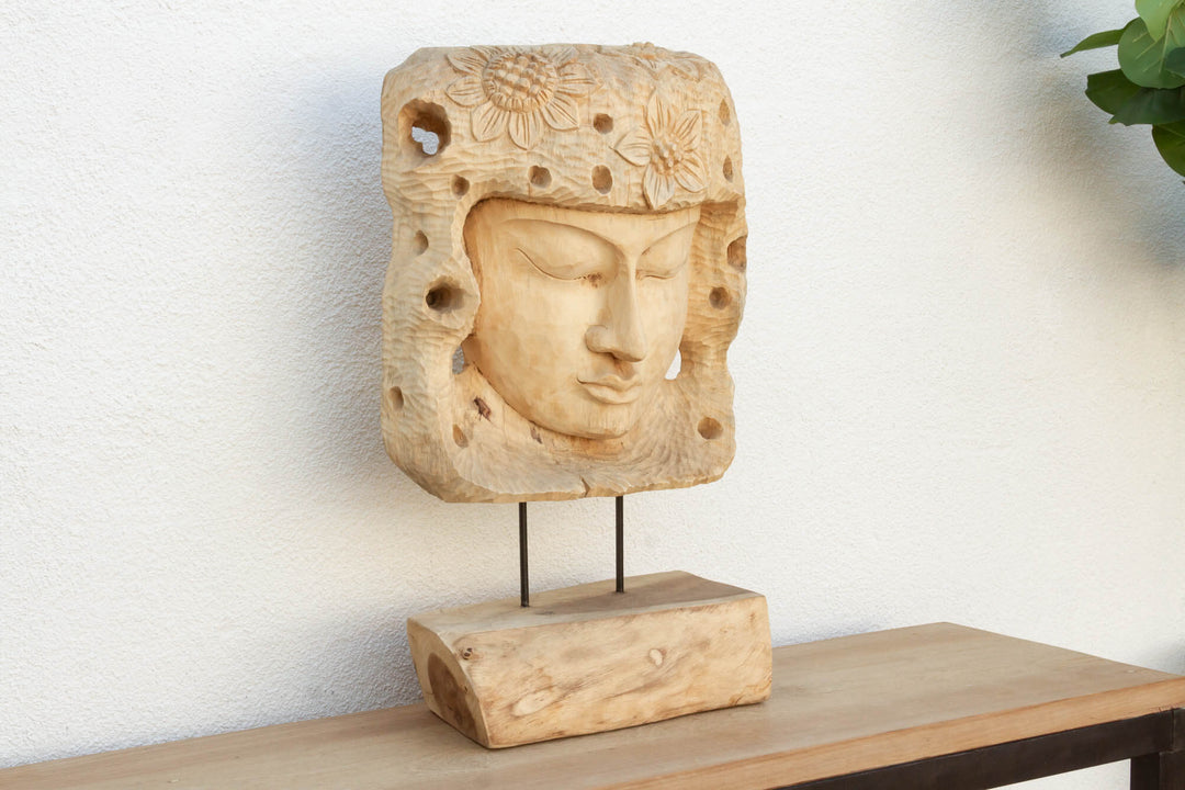 Antique Teak Buddha Sculpture from Madura hand-carved with intricate details, exemplifying Asian craftsmanship and spiritual tranquility.