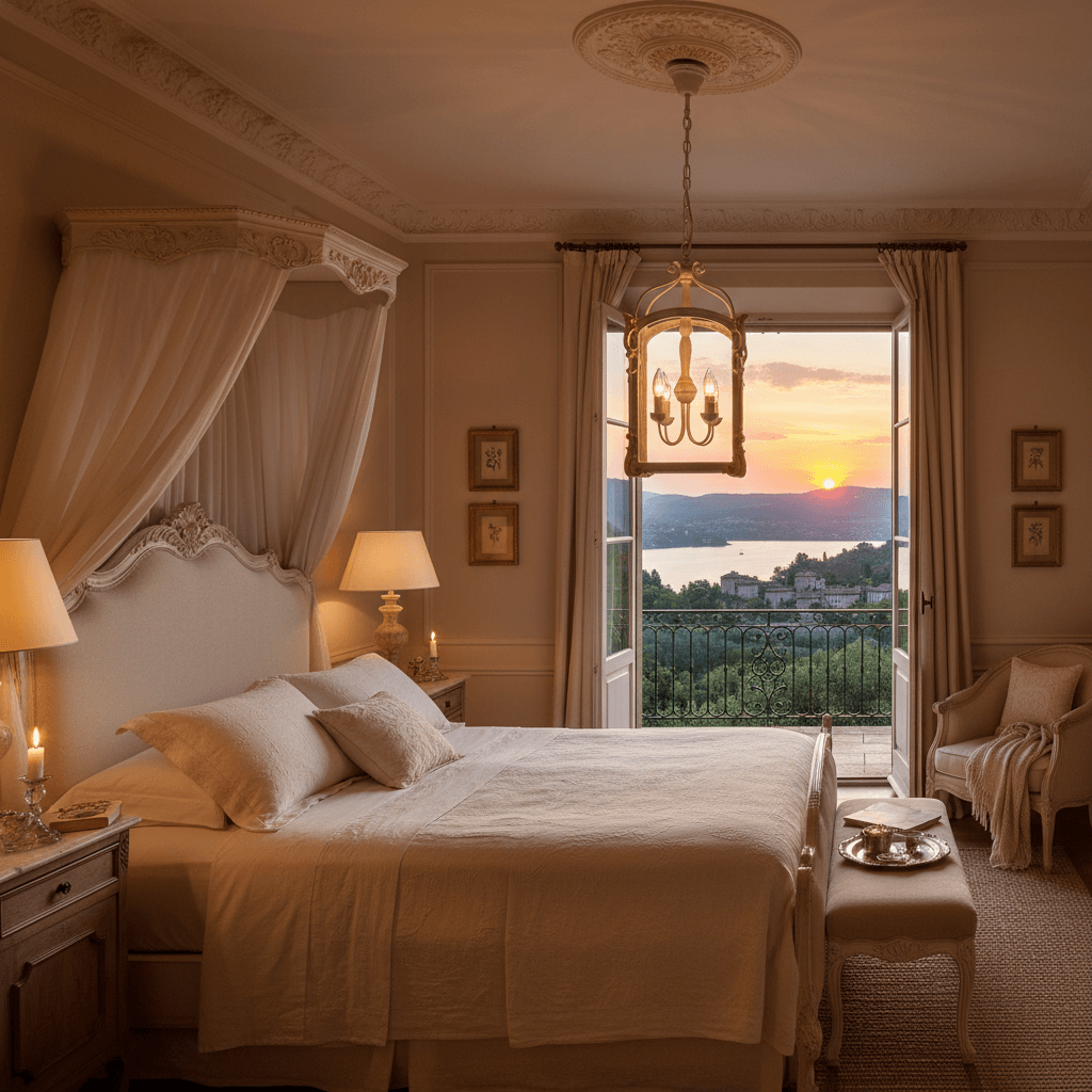 Luxurious bedroom with canopy bed and sunset view