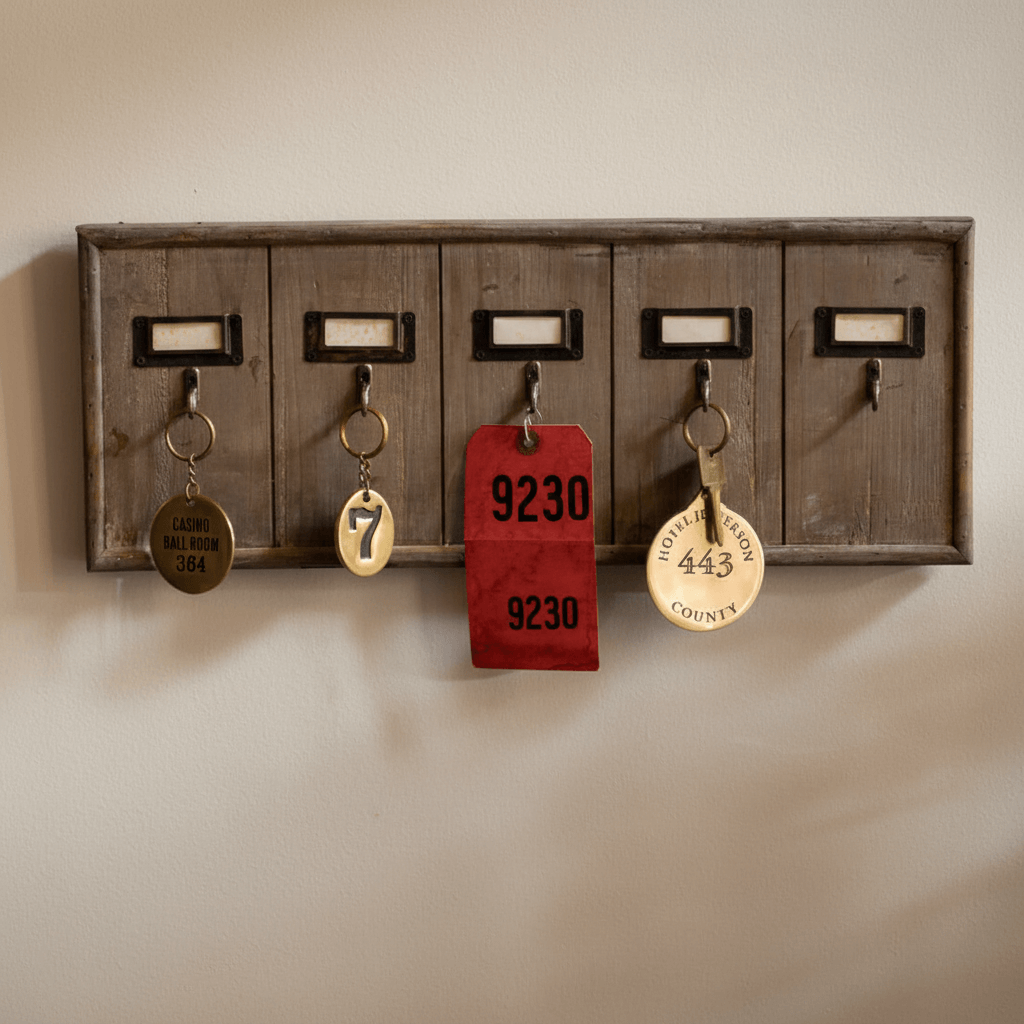 Five-slot Antique Wooden Hotel Key Rack Organizer with numbered keys, featuring vintage design and rustic patina finish.
