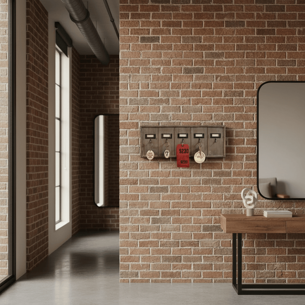 Antique Wooden Hotel Key Rack Organizer mounted on a brick wall, evoking vintage charm and historic hotel design.