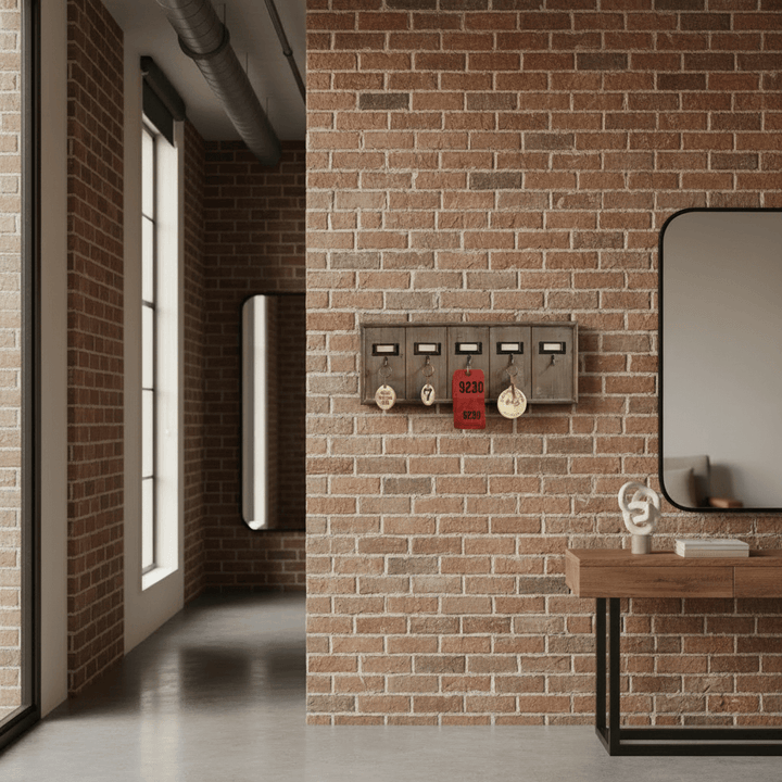 Antique Wooden Hotel Key Rack Organizer mounted on a brick wall, evoking vintage charm and historic hotel design.