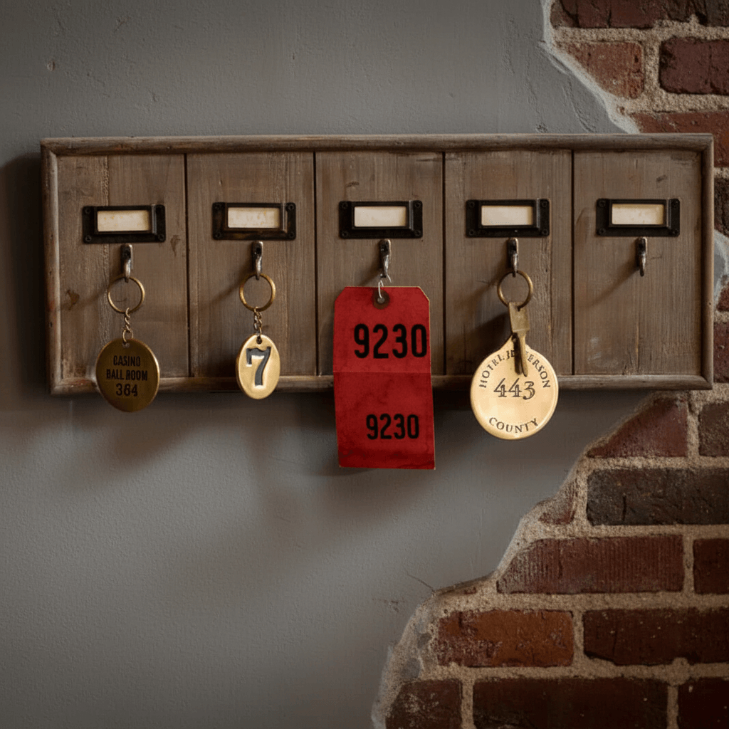 Antique Wooden Hotel Key Rack Organizer with vintage keys and rustic wooden design on a brick wall background.