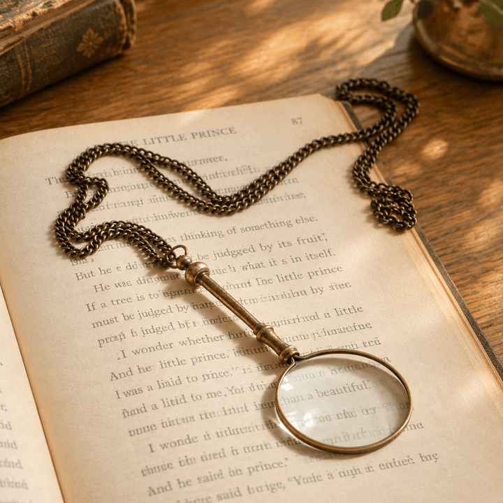 Small antiqued brass magnifying glass and chain resting on book pages on an oak desk