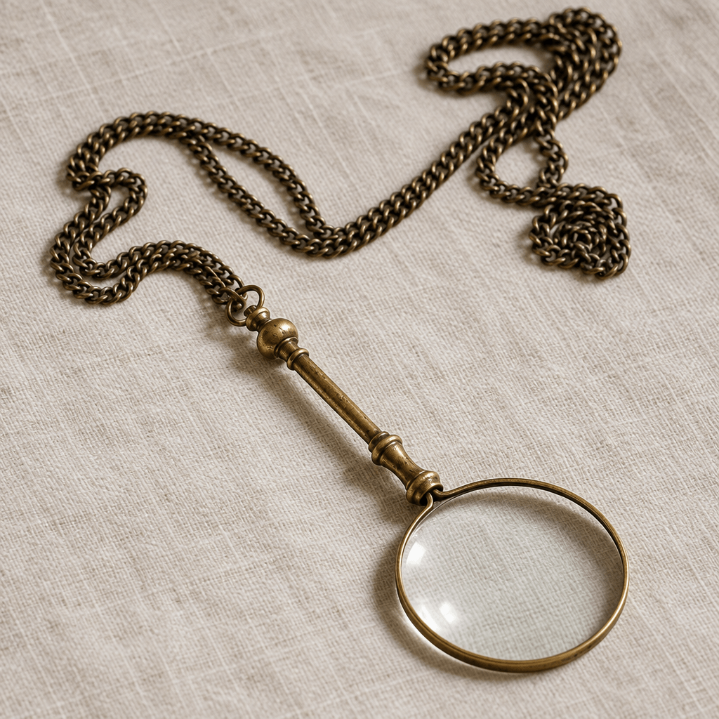 Angled detail of antiqued brass magnifying glass showing lens rim turned handle and chain