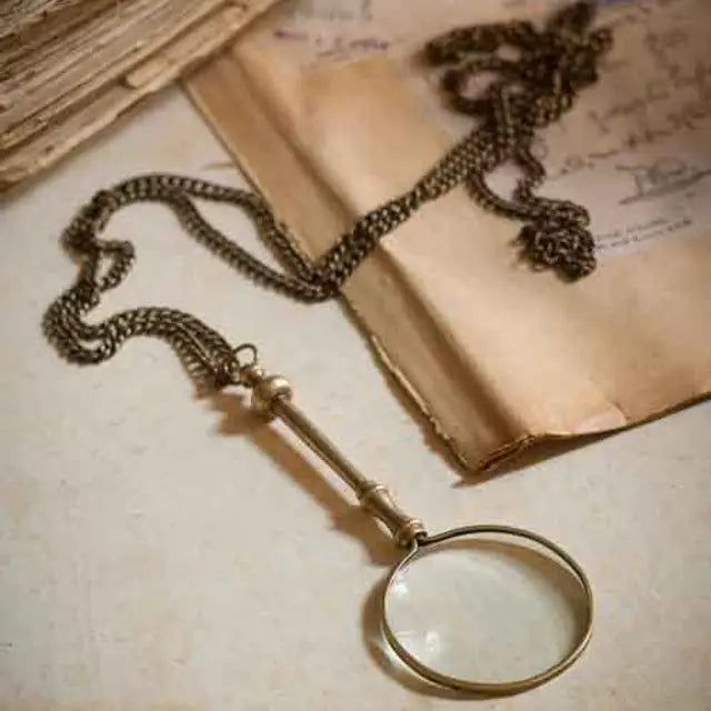 Antiqued Brass Small Magnifying Lens with Long Chain