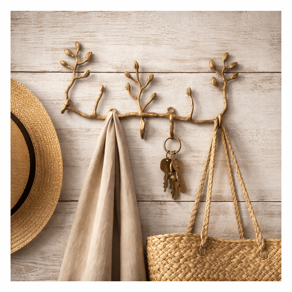 Antiqued brass twig wall key holder with keys scarf and woven tote in a rustic entryway