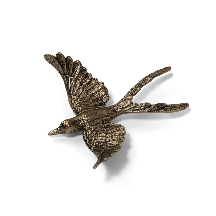 Antiqued Gold Flying Bird Wall Art Sculpture featuring intricate details and graceful wings in flight.