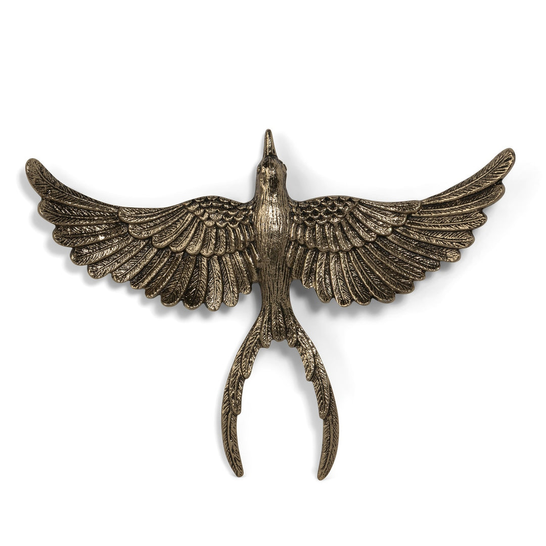 Antiqued Gold Flying Bird Wall Art Sculpture showcasing a majestic bird in flight, highlighting nature's grace and vintage charm.
