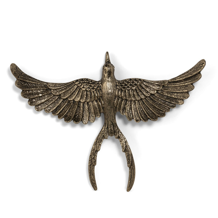 Antiqued Gold Flying Bird Wall Art Sculpture showcasing a majestic bird in flight, highlighting nature's grace and vintage charm.