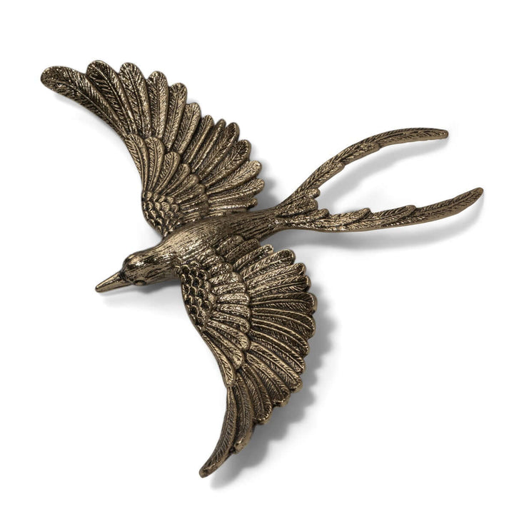 Antiqued Gold Flying Bird Wall Art Sculpture featuring detailed wings and a graceful flight design.
