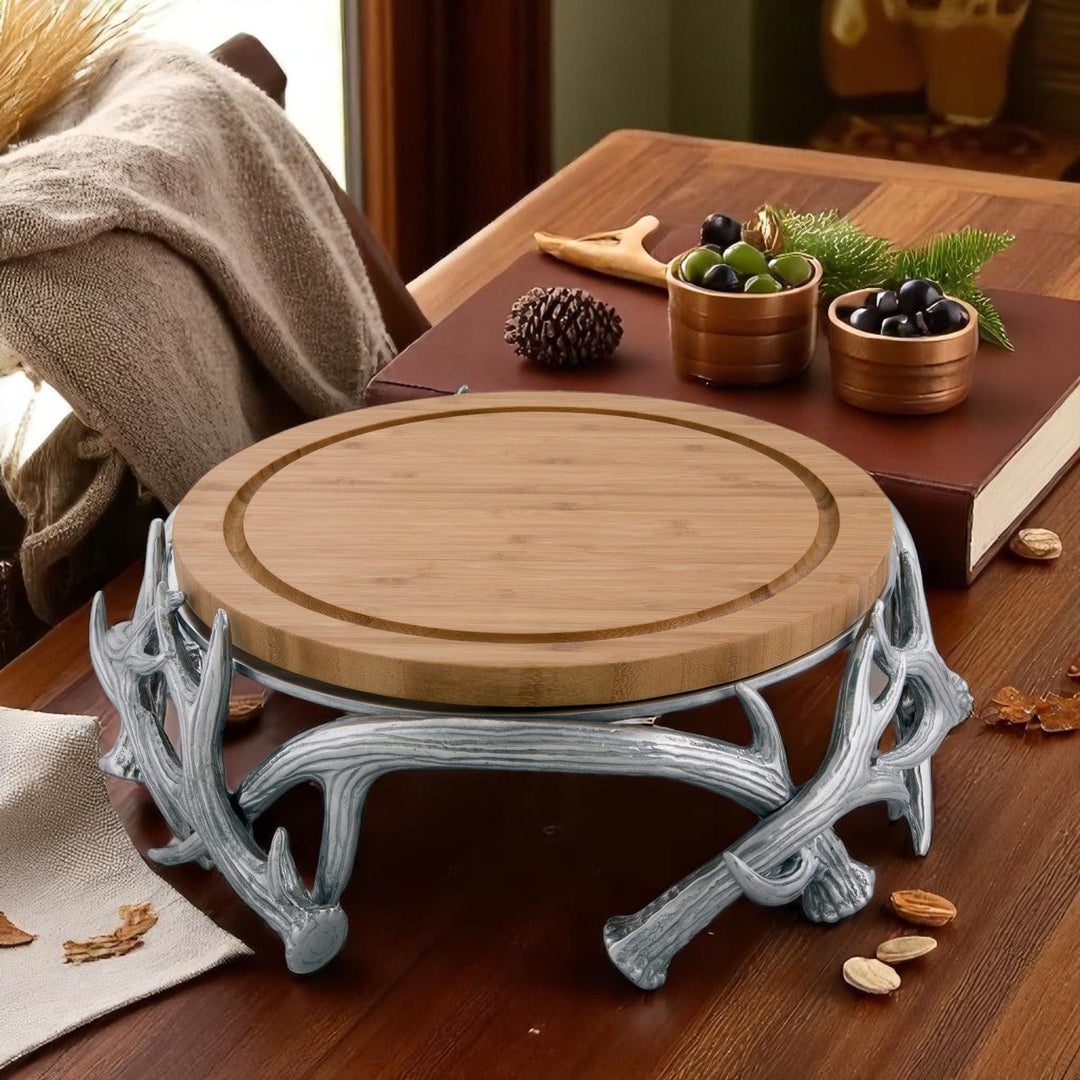 Antler Cheese Board Pedestal Serving Stand with rustic wood and antler design, perfect for elegant entertaining and display.