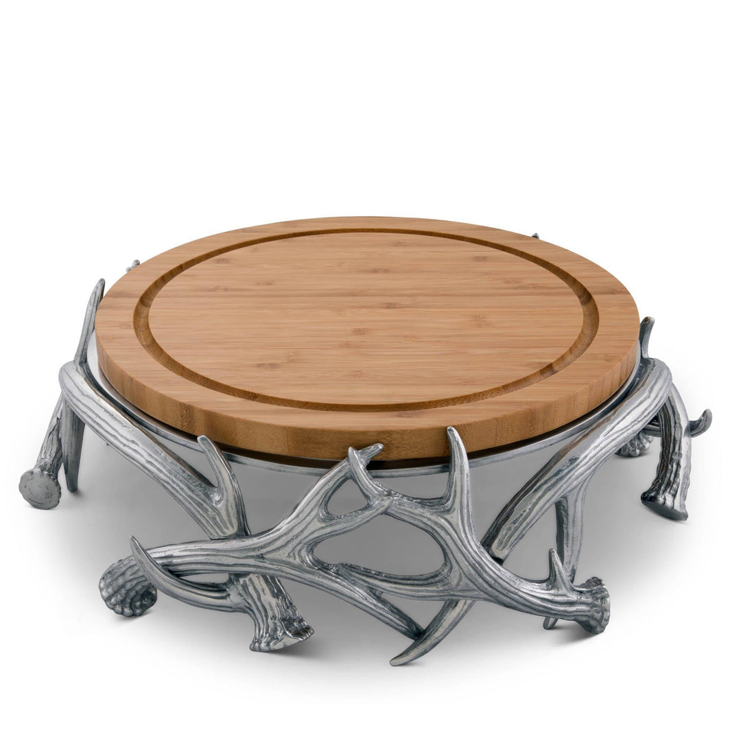 Antler Cheese Board Pedestal Serving Stand with silver antler design and round wooden board for rustic tabletop presentations.