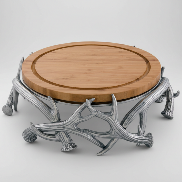 Antler Cheese Board Pedestal Serving Stand with rustic antler design showcasing a round wooden top on elegant silver antlers