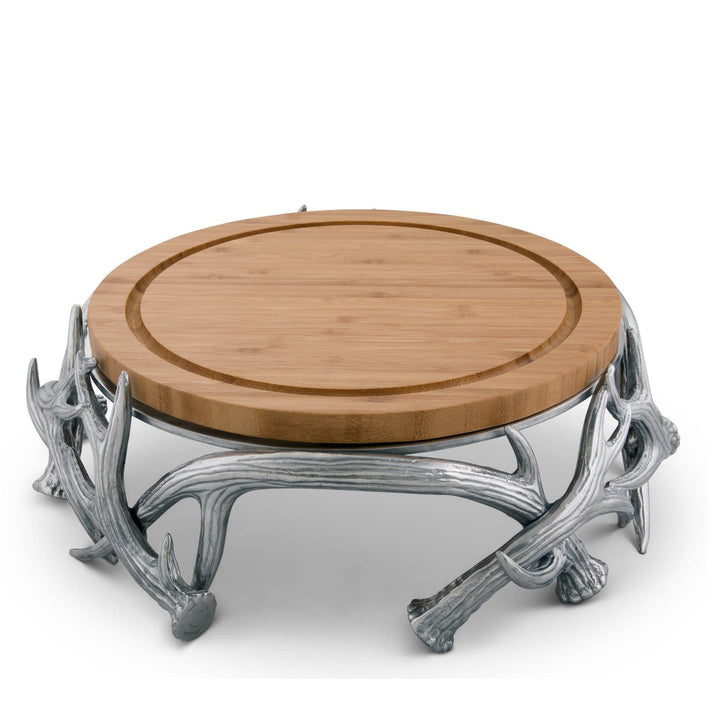 Antler Cheese Board Pedestal Serving Stand with rustic antler design and wooden surface for elegant entertaining.