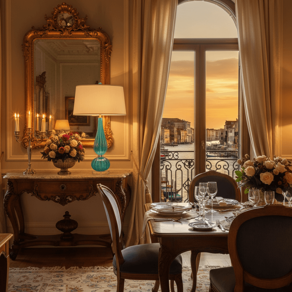 Interior of room with a view of Venice, Italy