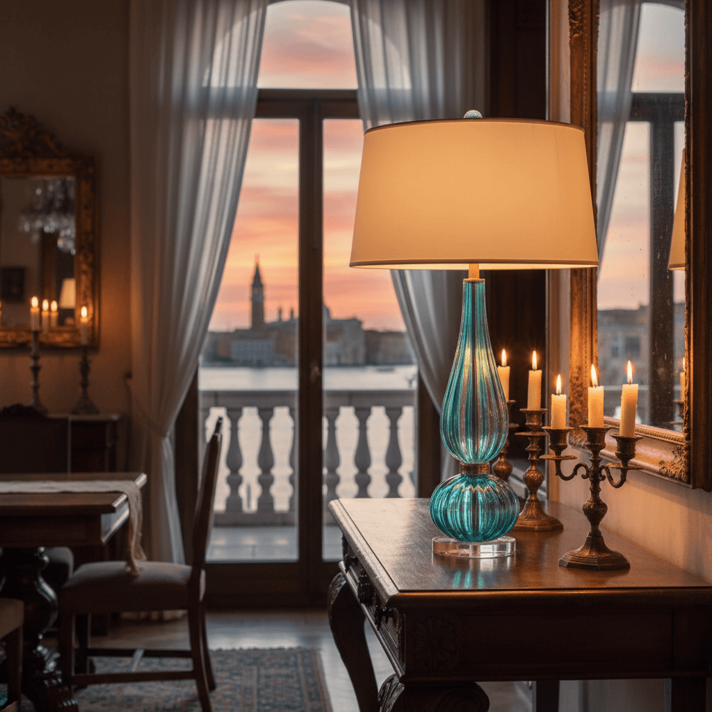 Blue Murano glass table lamp on a console in a room overlooking Venice, Italy at sunset.