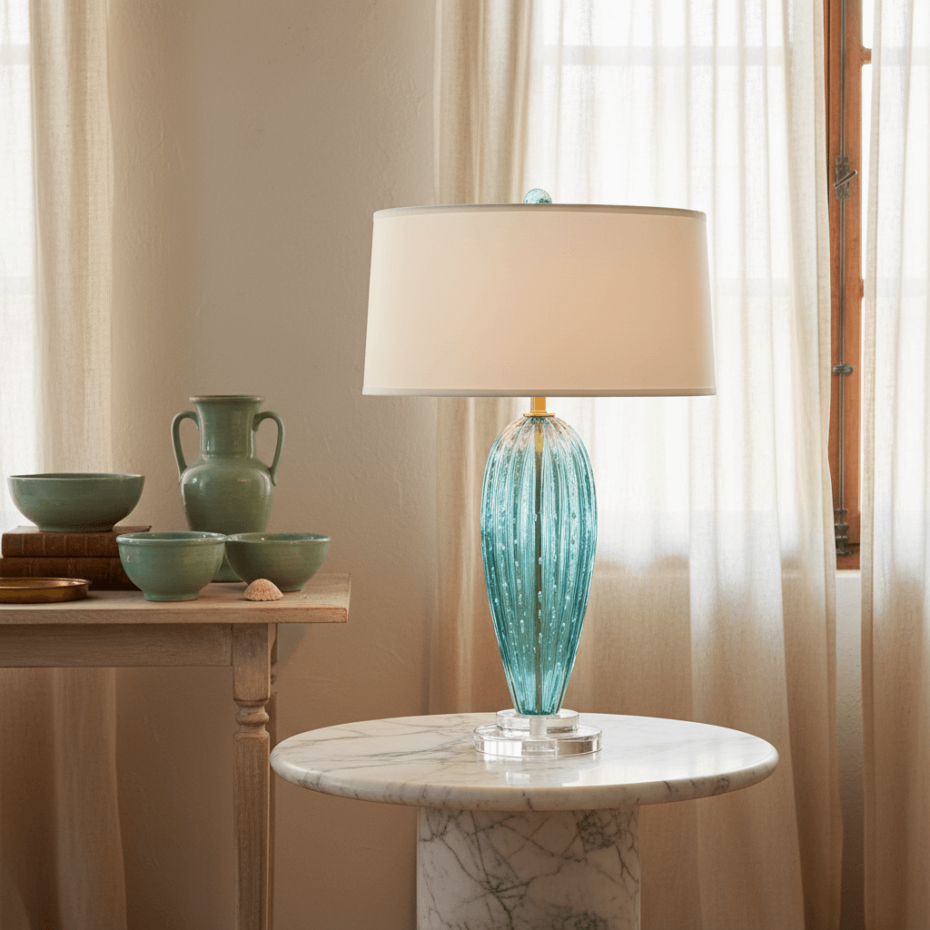 Decorative lamp with a blue glass base on a marble table next to green ceramic items.