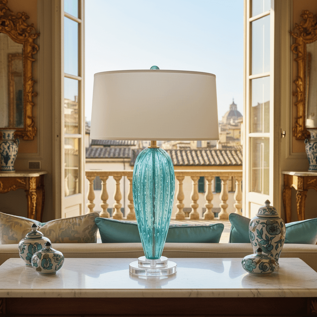 Decorative lamp with a blue glass base on a table in a room with large windows and city view.