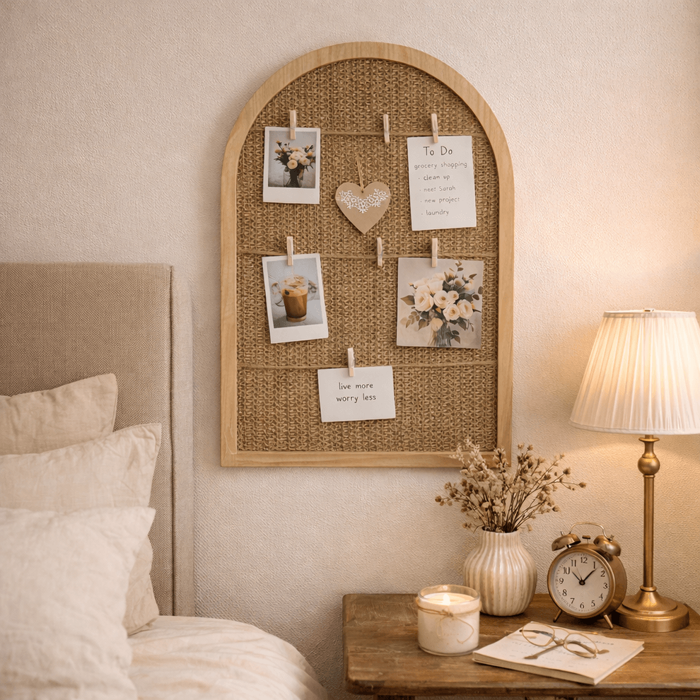 Arched Rattan Photo Display Board on wall with photos, near bed and lamp, creating a cozy, cottage-inspired living space.