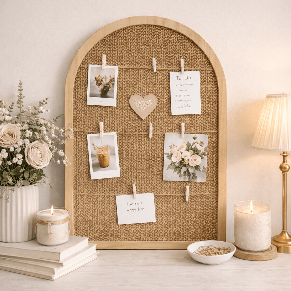Arched Rattan Photo Display Board on a cozy desk with flowers and candles, perfect for cottage-inspired home decor.
