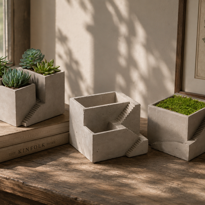 Architectural Cement Cube Planters filled with succulents on a modern table