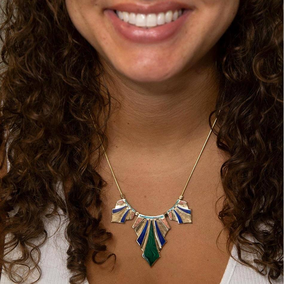 Art Deco Colorful Inlaid Golden Statement Necklace
